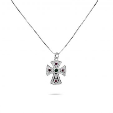 petsios Cross necklace with emerald and ruby stones