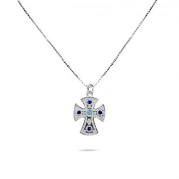 petsios Cross necklace with turquoise and sapphire stones