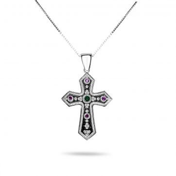 petsios Cross necklace with emerald and ruby stones