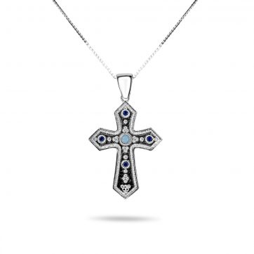 petsios Cross necklace with turquoise and sapphire stones